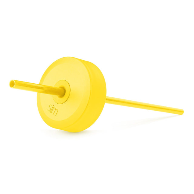 Bright yellow reusable straw and disc on matching yellow background, showing varying shades from pale to vibrant yellow tones Bright yellow reusable straw and disc on matching yellow background, showing varying shades from pale to vibrant yellow tones
