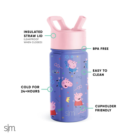 Simple Modern Peppa Pig Kids Water Bottle with Straw Lid | Reusable Insulated Stainless Steel Cup for School | Summit Collection | 14oz, Peppa Pig