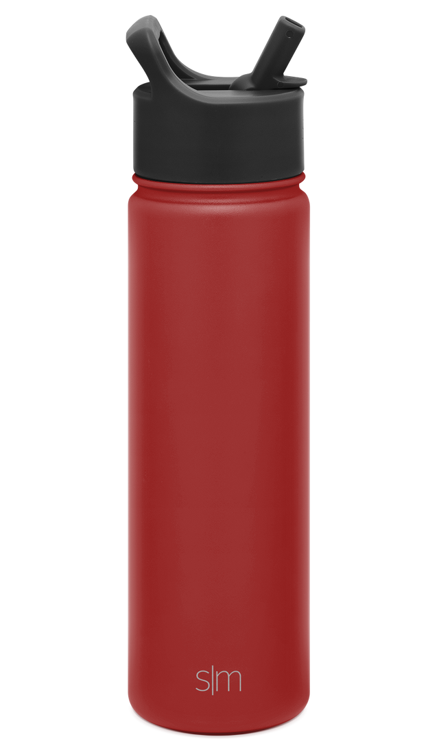 Red cylindrical water bottle with black cap and lid assembly Red cylindrical water bottle with black cap and lid assembly