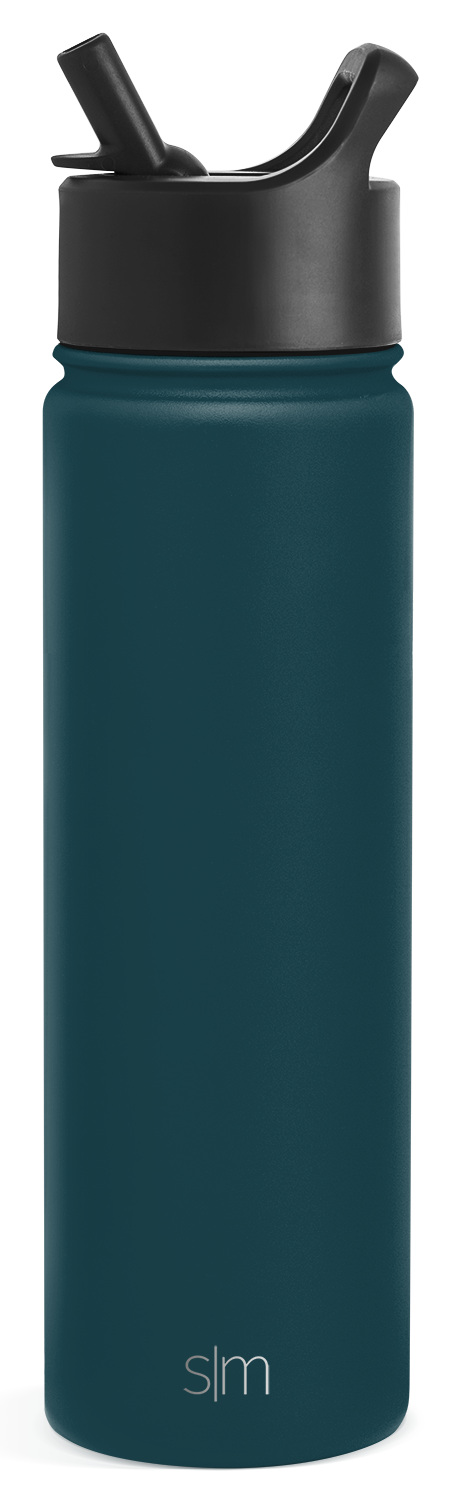 Tall cylindrical water bottle with deep teal body against white background, studio product photography style Tall cylindrical water bottle with deep teal body against white background, studio product photography style