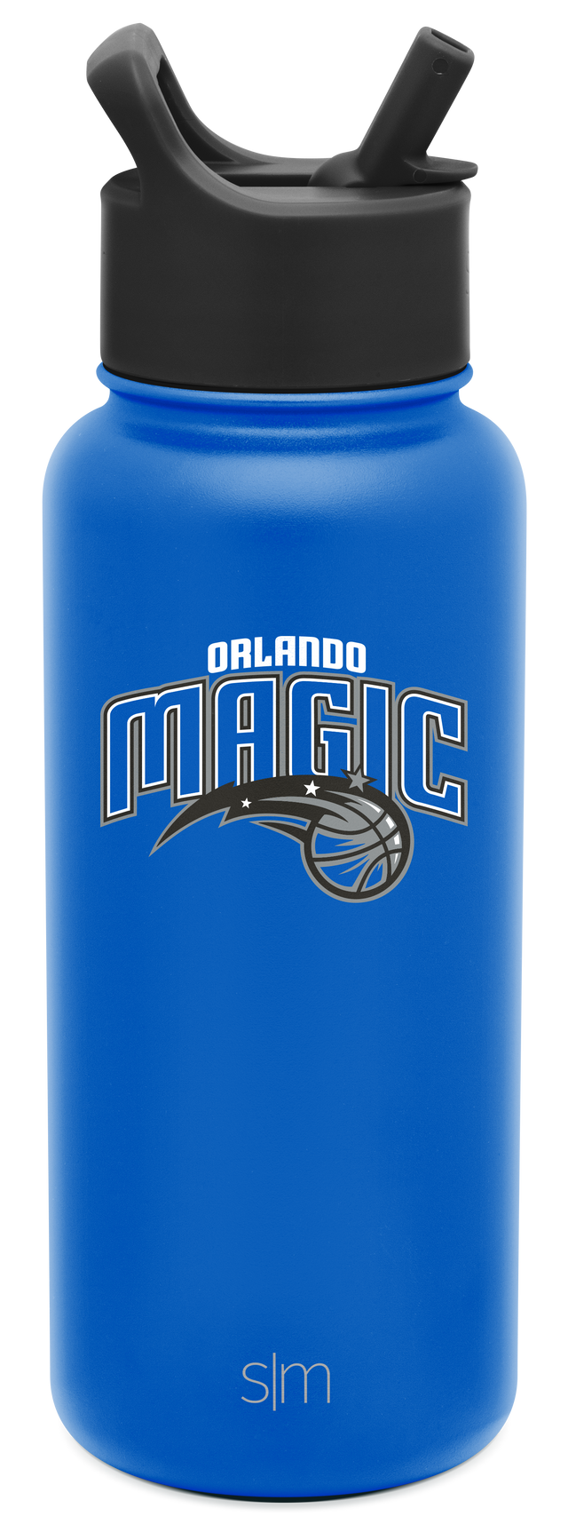 Royal blue insulated water bottle with black dual-handle lid on white background Royal blue insulated water bottle with black dual-handle lid on white background