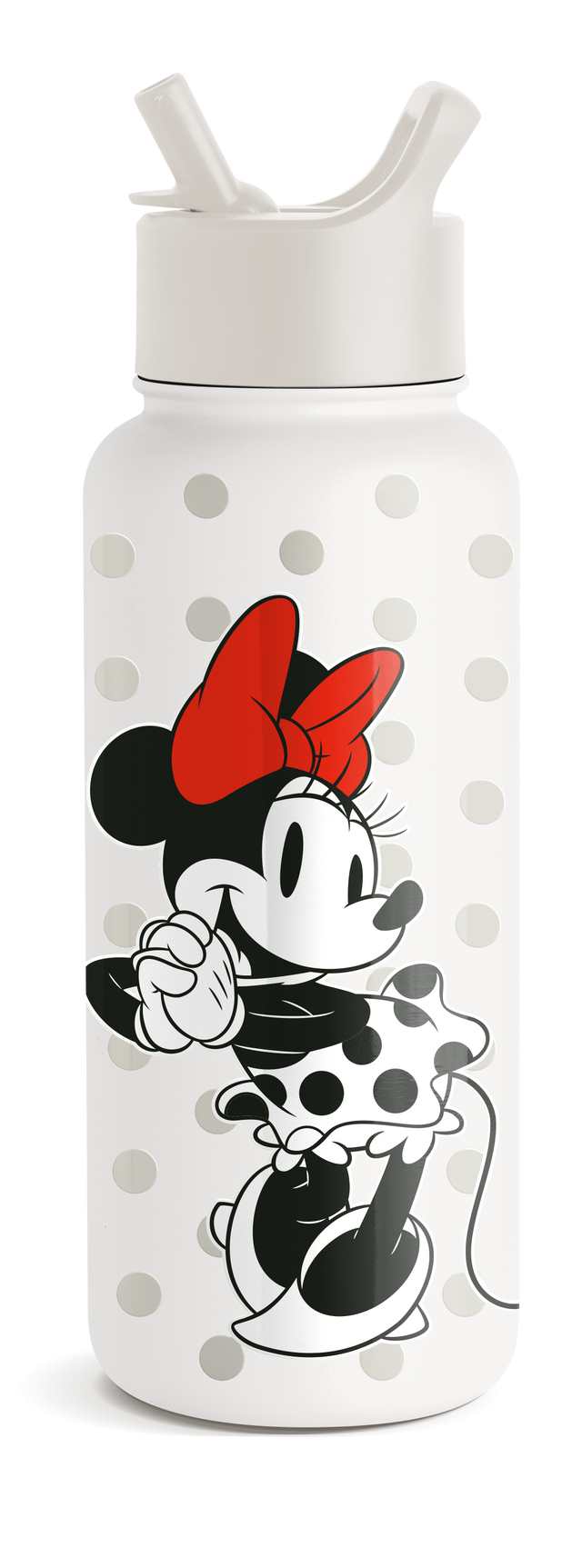 White water bottle with gray polka dots and white lid with black band accent White water bottle with gray polka dots and white lid with black band accent