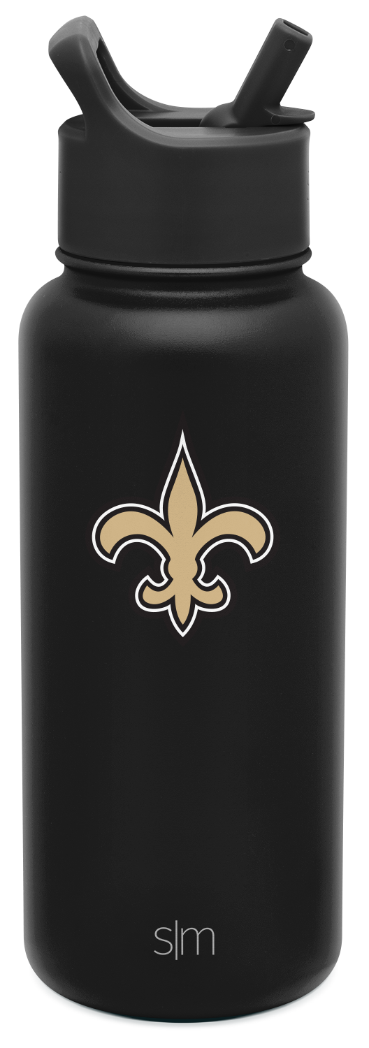 Stainless steel water bottle with matte black powder-coated finish and cylindrical body by Simple Modern against white background. Stainless steel water bottle with matte black powder-coated finish and cylindrical body by Simple Modern against white background.