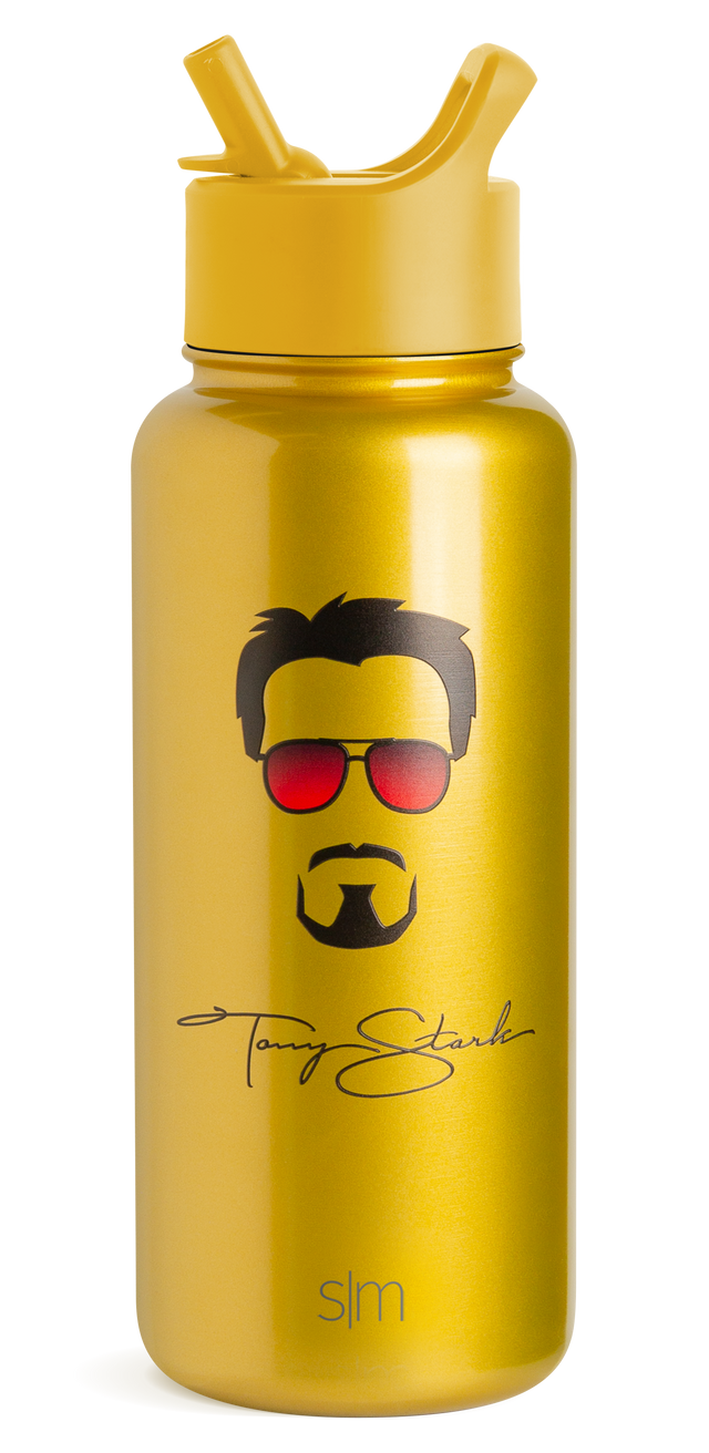 Bright metallic gold water bottle with black-outlined graphics and red-tinted sunglasses design on white background. Bright metallic gold water bottle with black-outlined graphics and red-tinted sunglasses design on white background.