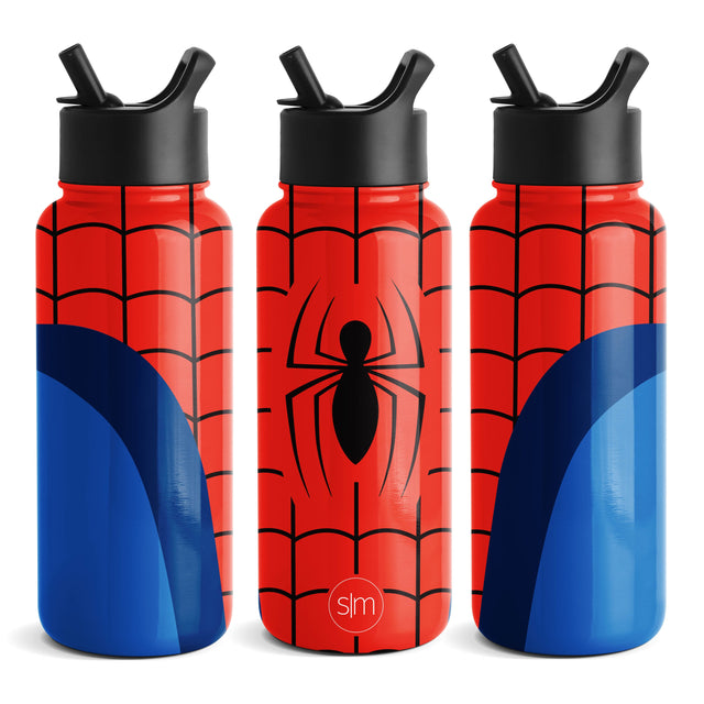 Three Simple Modern water bottles side by side with color-block designs. Left and right bottles feature bright red upper sections with black spider web patterns on white background. Three Simple Modern water bottles side by side with color-block designs. Left and right bottles feature bright red upper sections with black spider web patterns on white background.