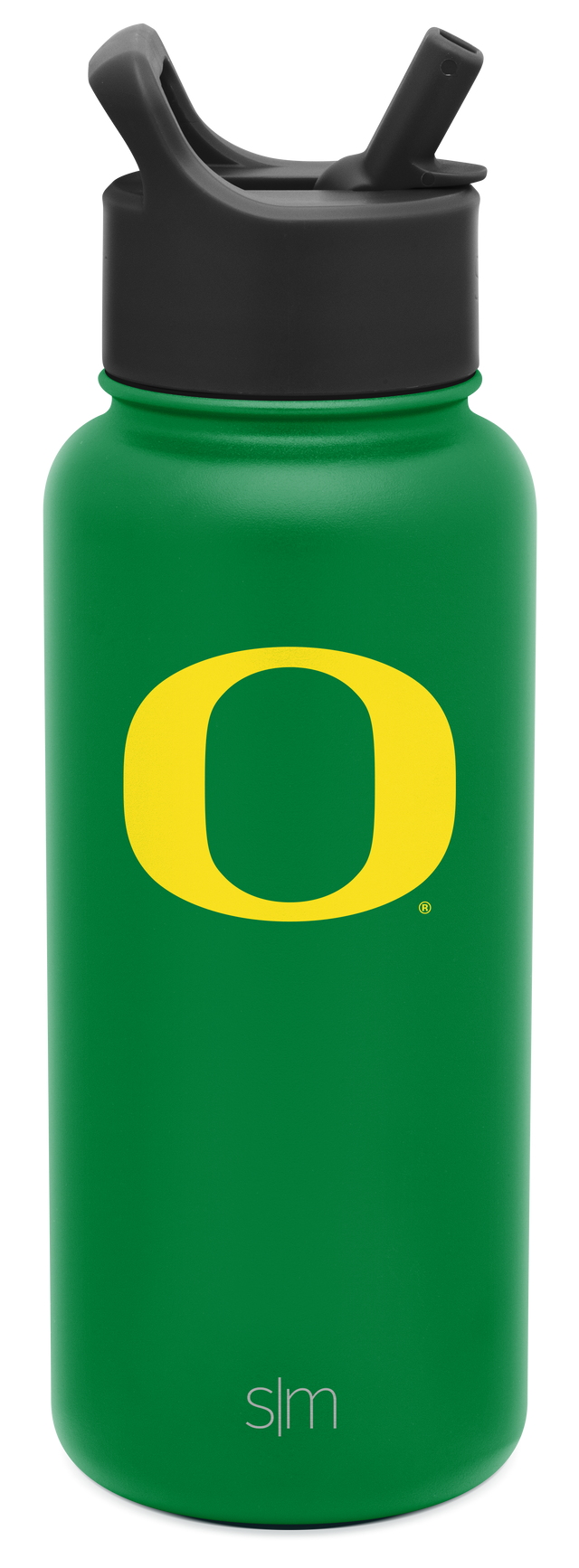 Kelly green water bottle with yellow-gold logo, cylindrical design Kelly green water bottle with yellow-gold logo, cylindrical design