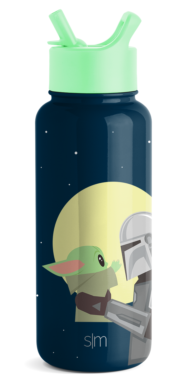 Deep navy blue water bottle with mint green cap and spout, featuring a bright yellow circular illustrated design on the body Deep navy blue water bottle with mint green cap and spout, featuring a bright yellow circular illustrated design on the body