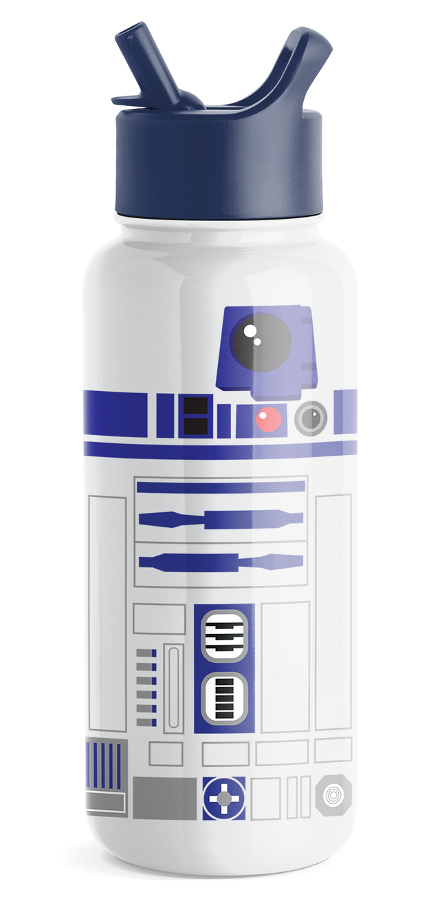 White cylindrical water bottle with dark navy blue lid and spout, featuring navy blue graphic wrap design on the body White cylindrical water bottle with dark navy blue lid and spout, featuring navy blue graphic wrap design on the body