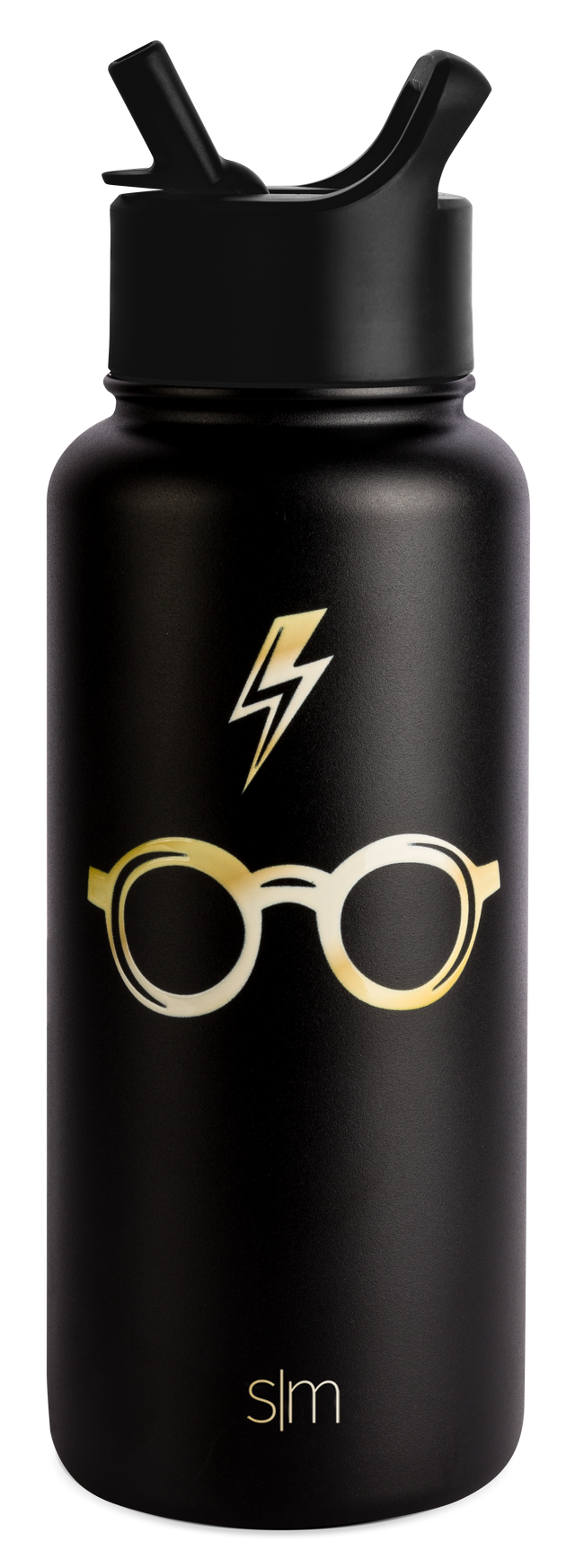 Matte black cylindrical water bottle with gold and cream-colored accents and decorative graphics Matte black cylindrical water bottle with gold and cream-colored accents and decorative graphics