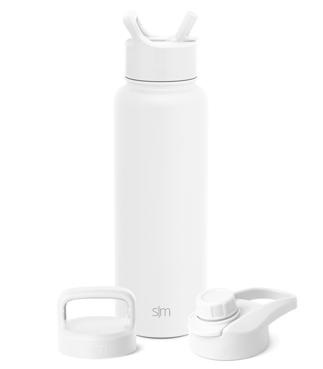 White and light gray water bottle with removable components, displayed against white background. Stainless steel hydration bottle with cap and accessories shown in flat lay style. White and light gray water bottle with removable components, displayed against white background. Stainless steel hydration bottle with cap and accessories shown in flat lay style.