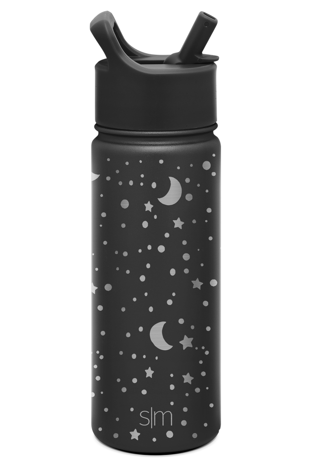 Deep charcoal black bottle with silver and light gray decorative print design, featuring matching black lid Deep charcoal black bottle with silver and light gray decorative print design, featuring matching black lid