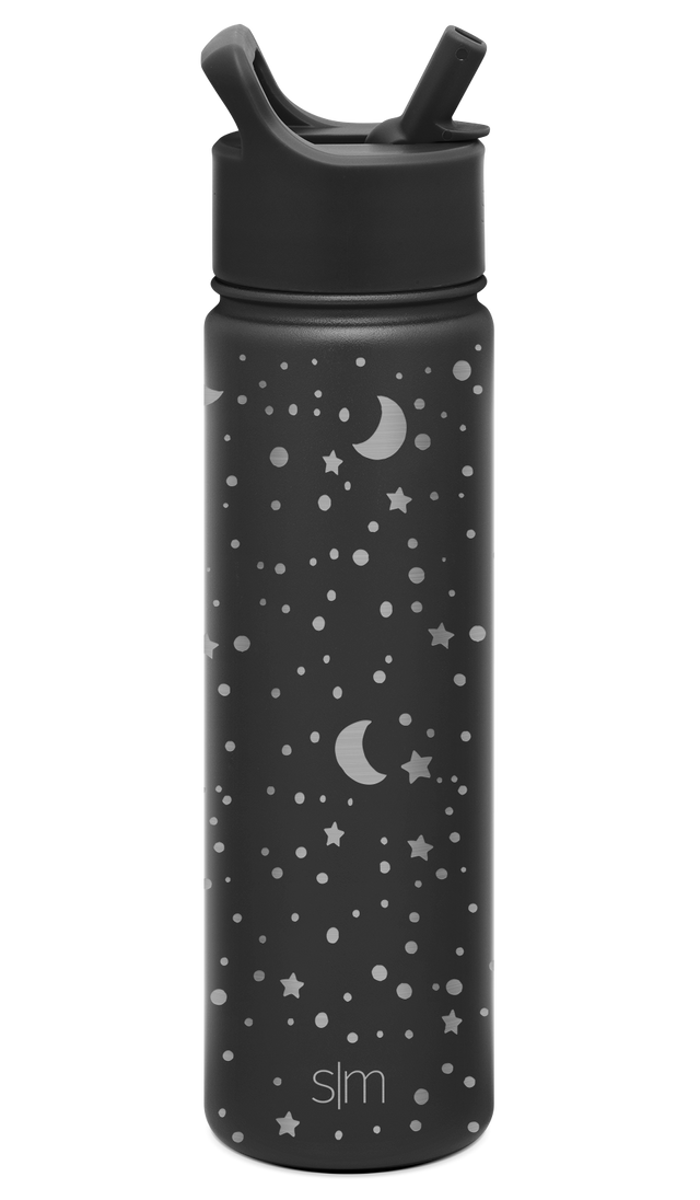Matte charcoal black water bottle with silver and light gray celestial accents Matte charcoal black water bottle with silver and light gray celestial accents