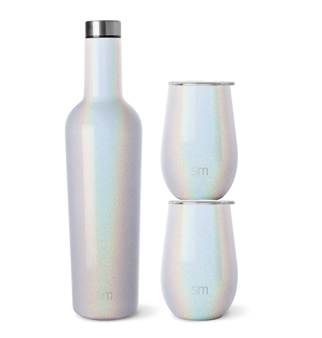 Three iridescent drinkware pieces with luminous white, blue, green, and pearl finish in stainless steel. Three iridescent drinkware pieces with luminous white, blue, green, and pearl finish in stainless steel.