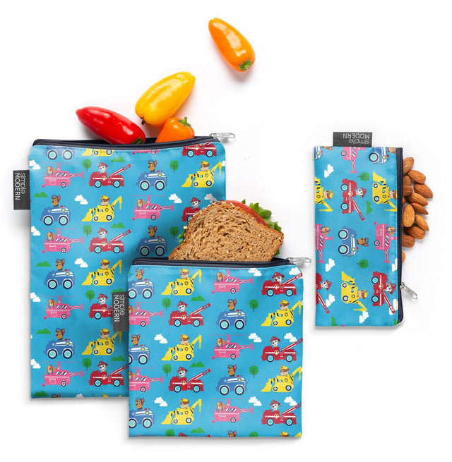 Colorful reusable pouches with bright blue background featuring vibrant red, yellow, pink, and orange design elements with vehicle graphics. Colorful reusable pouches with bright blue background featuring vibrant red, yellow, pink, and orange design elements with vehicle graphics.