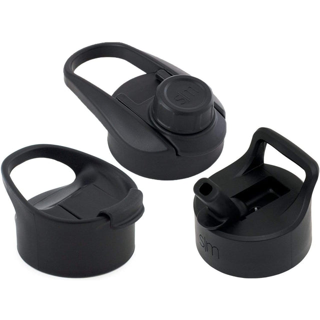 Three midnight black Summit water bottle lids including flip lid with handle, insulated straw lid, and insulated chug lid on white background. Three midnight black Summit water bottle lids including flip lid with handle, insulated straw lid, and insulated chug lid on white background.
