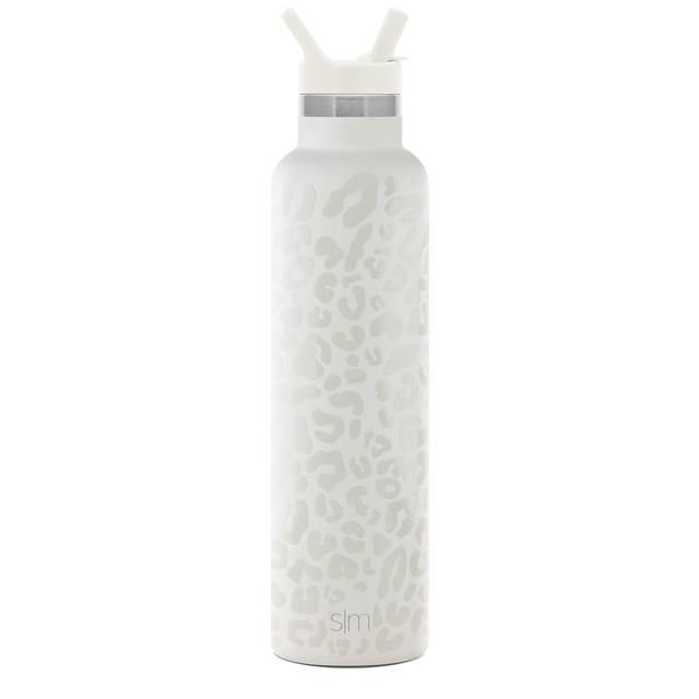 White water bottle with gray accents, white lid, two upright straw handles, gray band, and white leopard print design on body