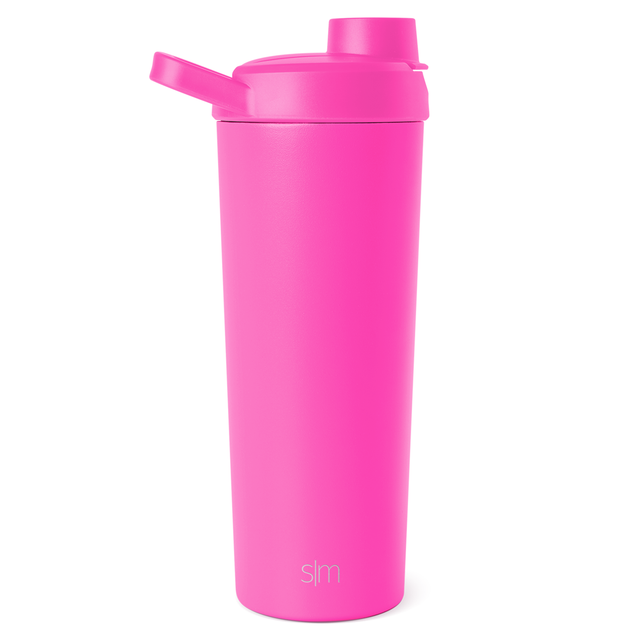 Bright hot pink drinkware bottle on white background, modern minimalist design