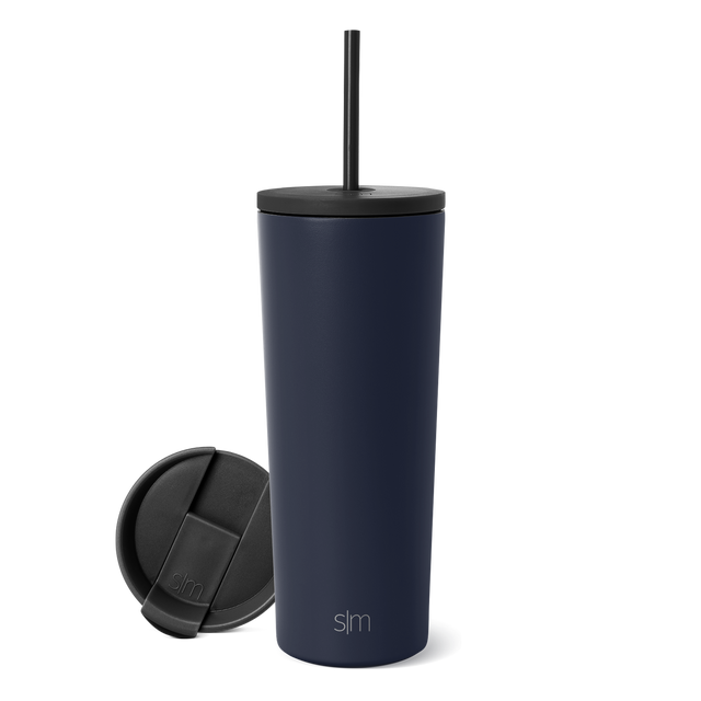 Navy blue Classic Tumbler with black lid and straw, featuring removable black slider lid shown separately on white background