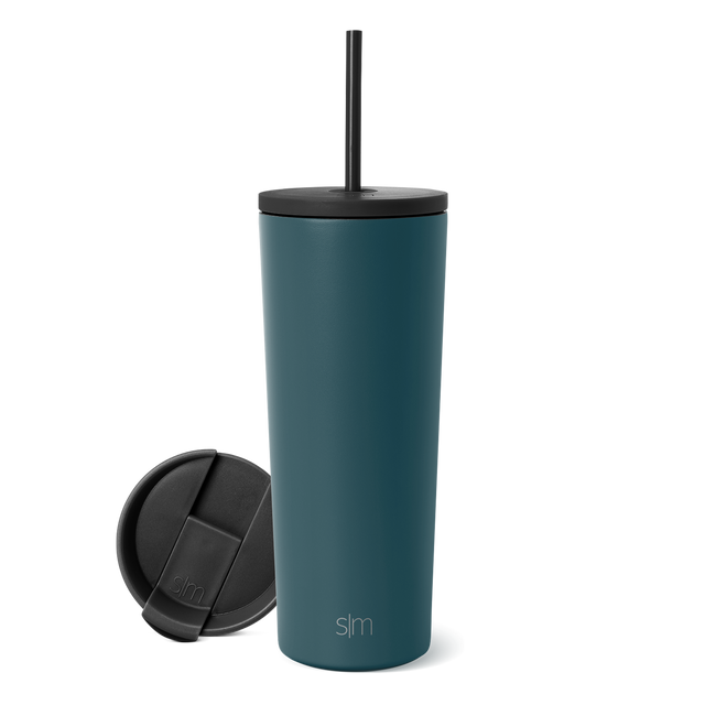 Classic Tumbler in teal-blue with black lid and straw, shown with detached lid displaying SM logo on white background.