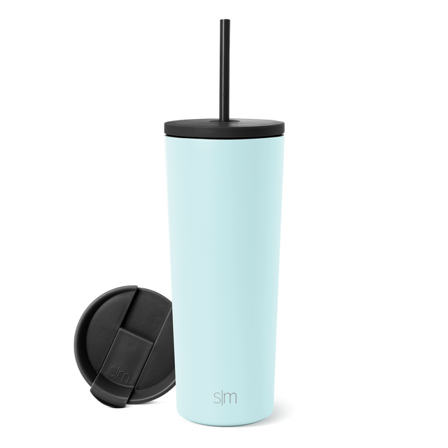 Light blue Classic Tumbler with black lid and straw, shown with detachable black flip closure cap on white background