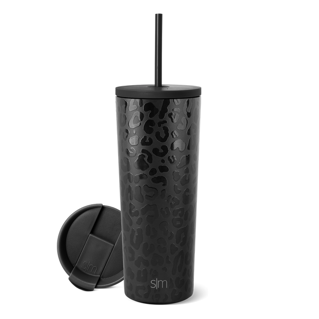 Black Classic Tumbler with leopard print pattern, matching lid with straw, and SM logo displayed on white background