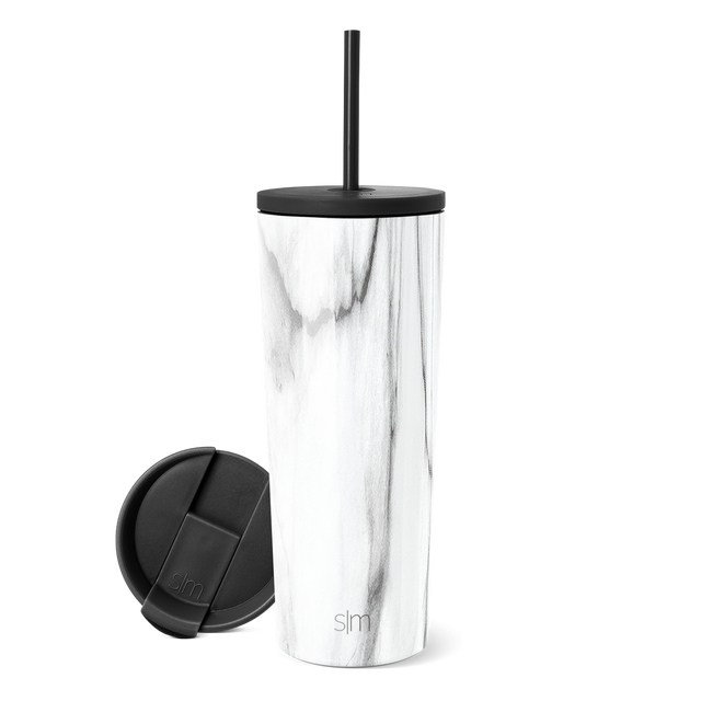 Classic Tumbler by Simple Modern with white body featuring gray marble pattern, black lid with integrated straw, and removable bite valve with SM logo on white background.