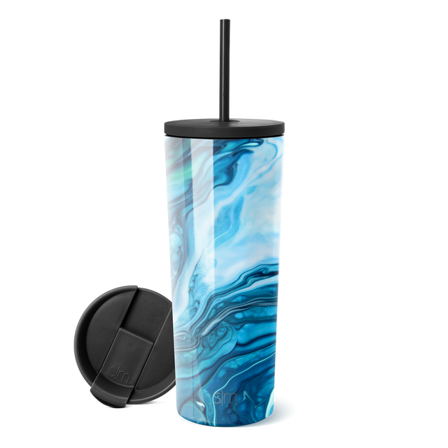 Classic Tumbler with blue marble abstract design, black lid and straw, shown with detached lid on white background.