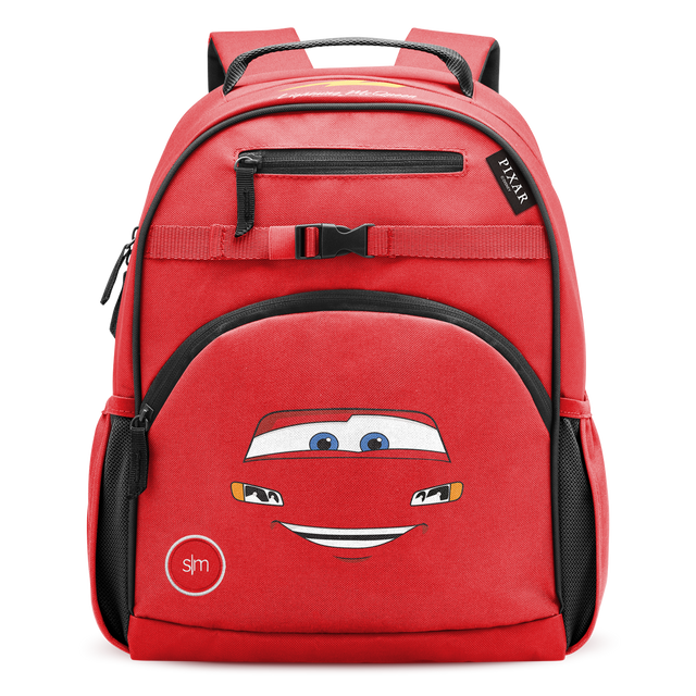 Fletcher Kids' Backpack in bright red with Lightning McQueen character face featuring blue eyes and orange headlights, black straps and trim, front zippered pocket, side mesh panels, and padded shoulder straps.