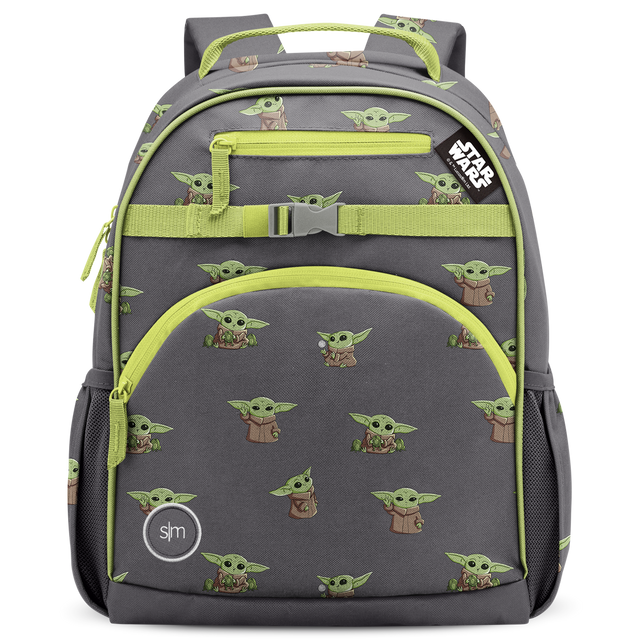 Charcoal gray backpack with neon yellow-green accents, trim, straps, and zipper details
