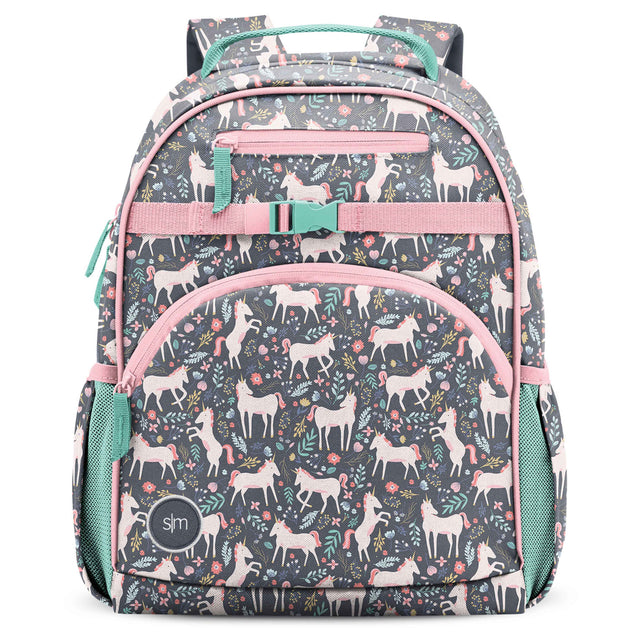 Charcoal gray backpack with soft pink accents, mint green and teal details on handles, straps, and side mesh pockets
