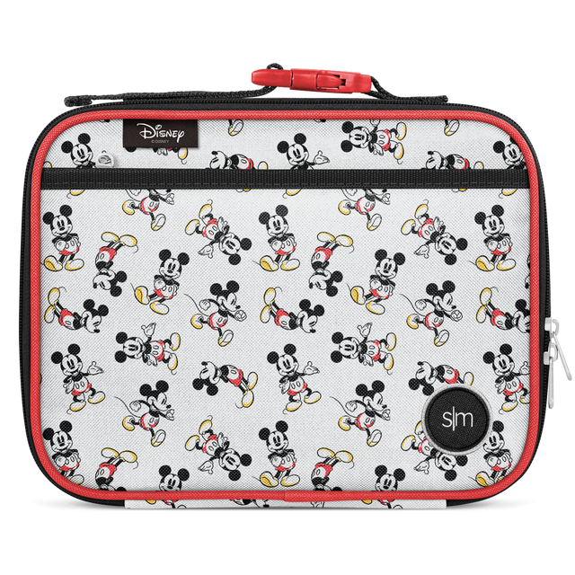 Red and cream lunch box with black Mickey Mouse illustrations and red trim around edges