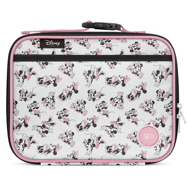 Light gray insulated lunch case with bright pink trim and zipper, black accents