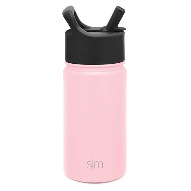 Pastel pink water bottle with black lid and straw assembly against white background
