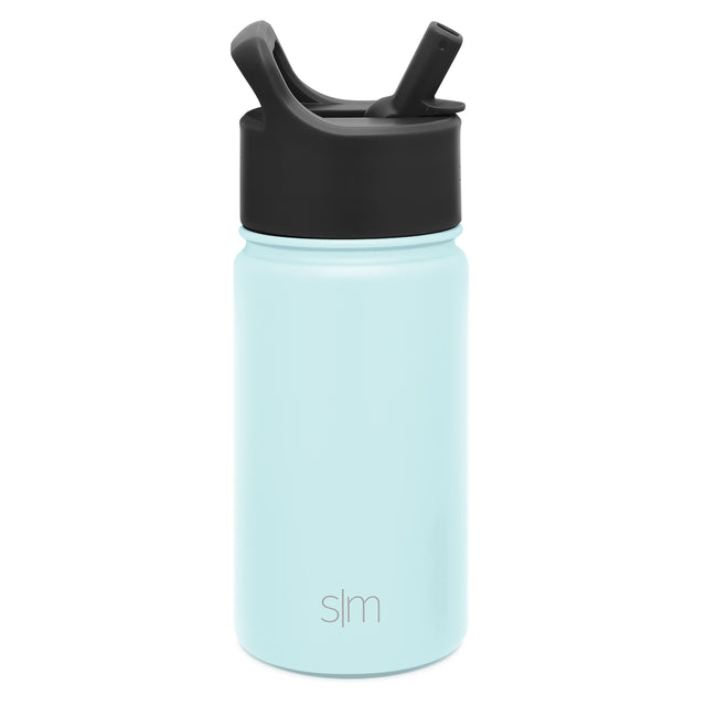 Light aqua water bottle with matte black cap on white background