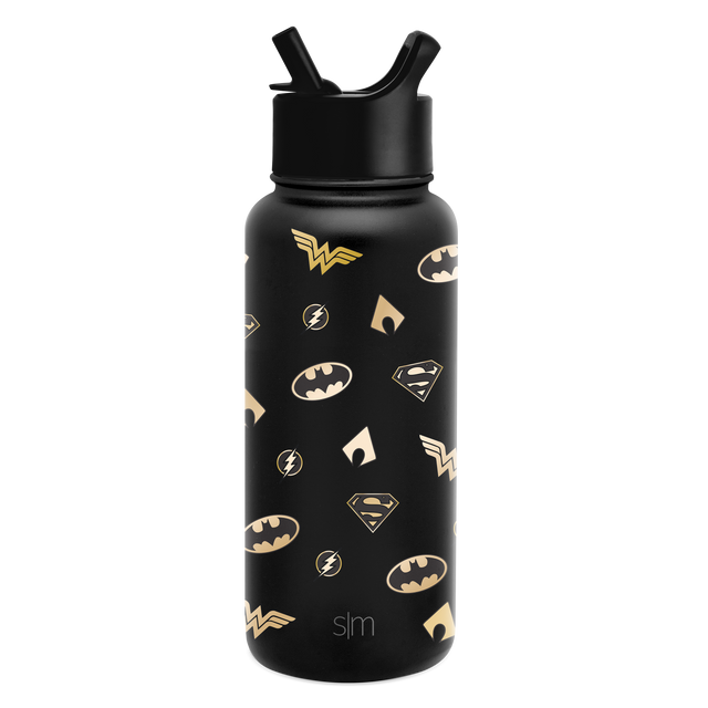 Matte black water bottle with gold metallic accents and trim details