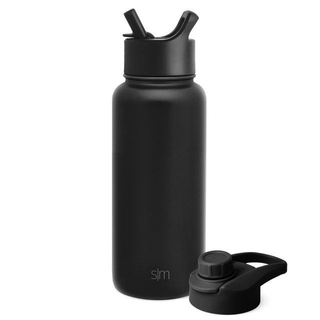 Matte black water bottle with detachable lid and straw spout on clean background
