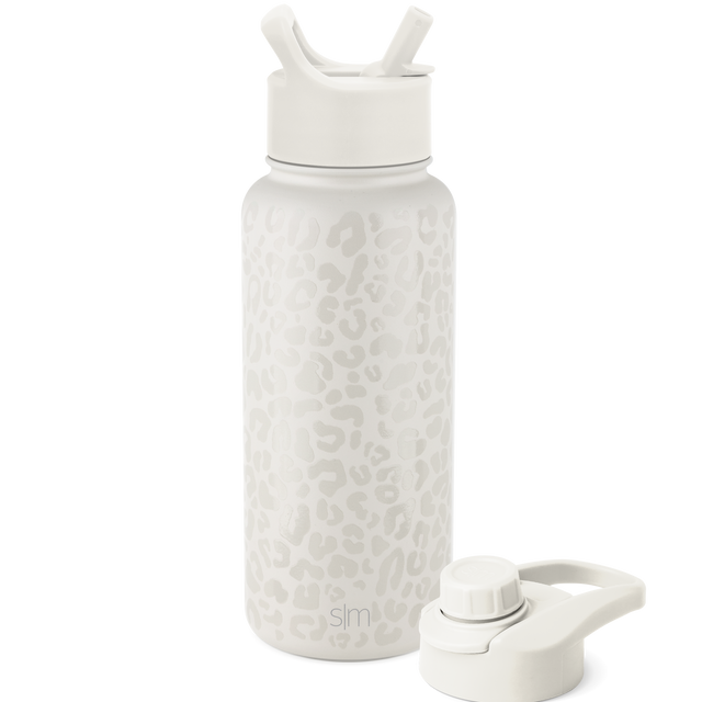 White water bottle with gray metallic band accent around upper body and cap, viewed against white background.