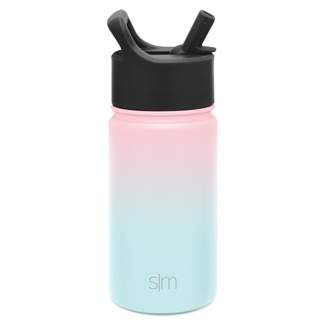 Ombre gradient water bottle transitioning from pink to white to mint green, with black lid and straw