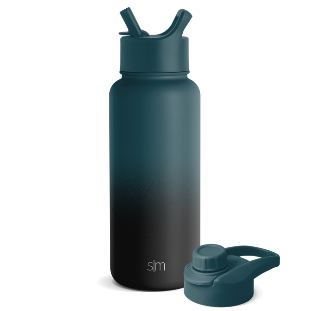 Ombre gradient water bottle transitioning from deep teal-blue at top to black at bottom, with matching lid, displayed against white background.