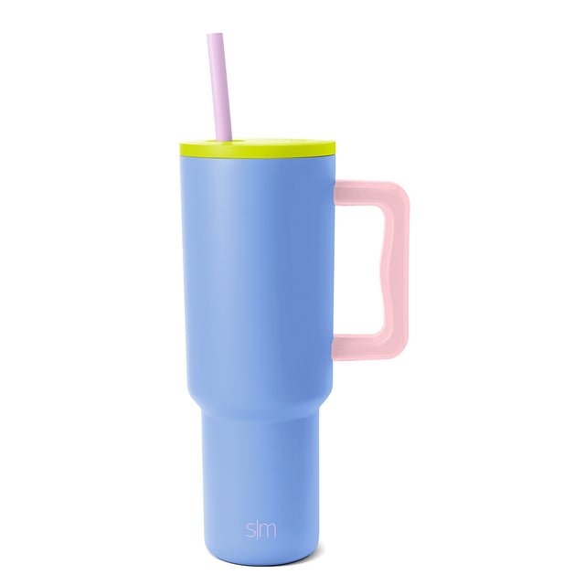 Periwinkle blue insulated tumbler with neon yellow-green lid, soft blush pink handle, modern minimalist design