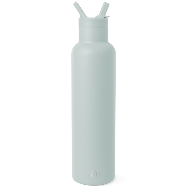 Tall sage green water bottle with sleek cylindrical design, tapered neck, and dual-straw lid against white background.