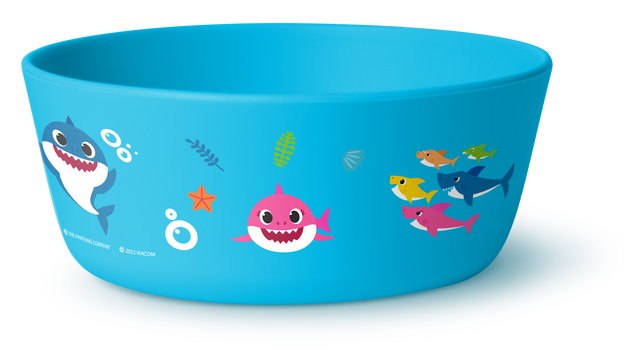 Turquoise blue bowl with hot pink and orange accents, viewed from above showing the interior surface, designed with a bright and cheerful child-friendly aesthetic.