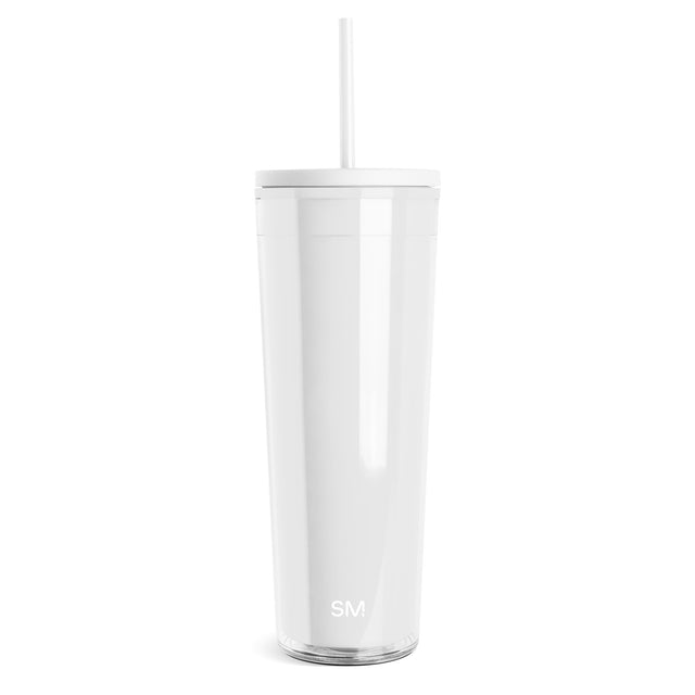 White and clear glass tumbler with white lid and straw, cylindrical design