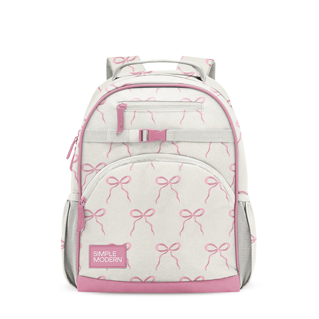 Cream and bright pink children's backpack with padded straps, front zippered pockets, chest strap with buckle, gray mesh side pockets, and 