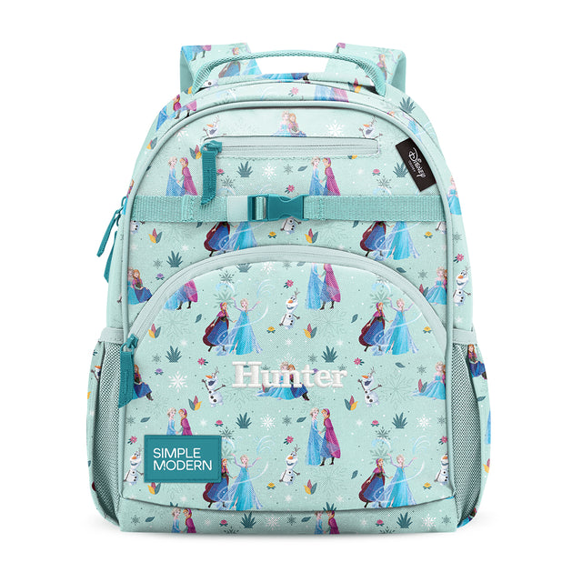 Mint green Simple Modern backpack with Frozen-inspired design featuring Elsa, Anna, and Olaf, personalized with 