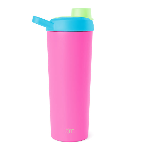 Hot pink water bottle with bright turquoise blue lid and lime green spout cap