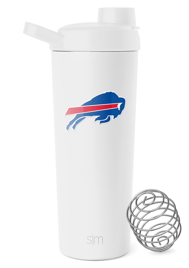 White ceramic mug with Buffalo Bills NFL logo featuring royal blue and red colors with metallic silver accents
