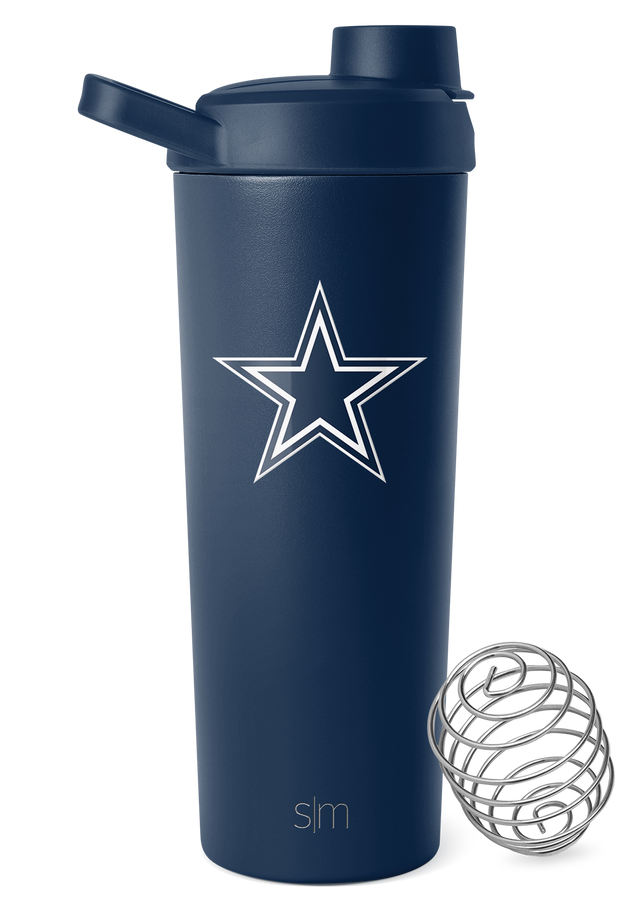 Navy blue water bottle with white flip-top cap and white graphic design elements