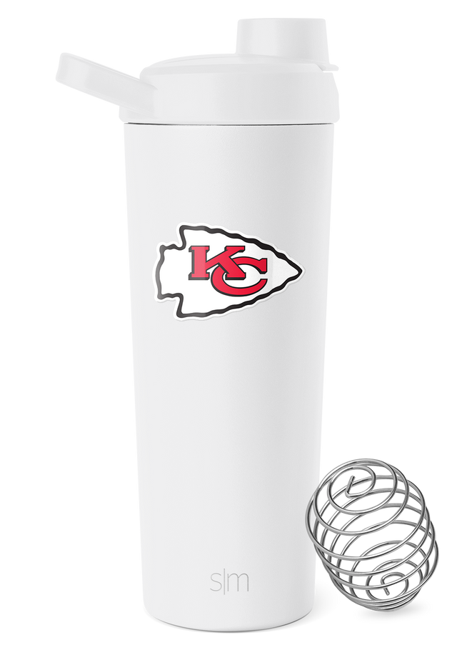 White water bottle with bright red and dark gray team logo lettering