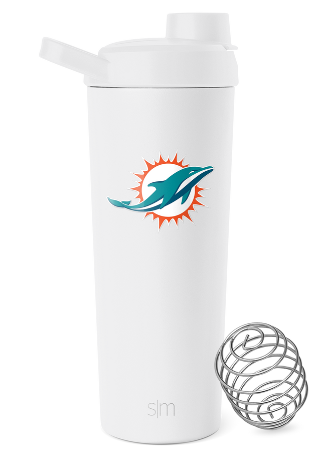 White cylindrical tumbler with secure lid and flip-top spout featuring Miami Dolphins NFL logo printed on front center